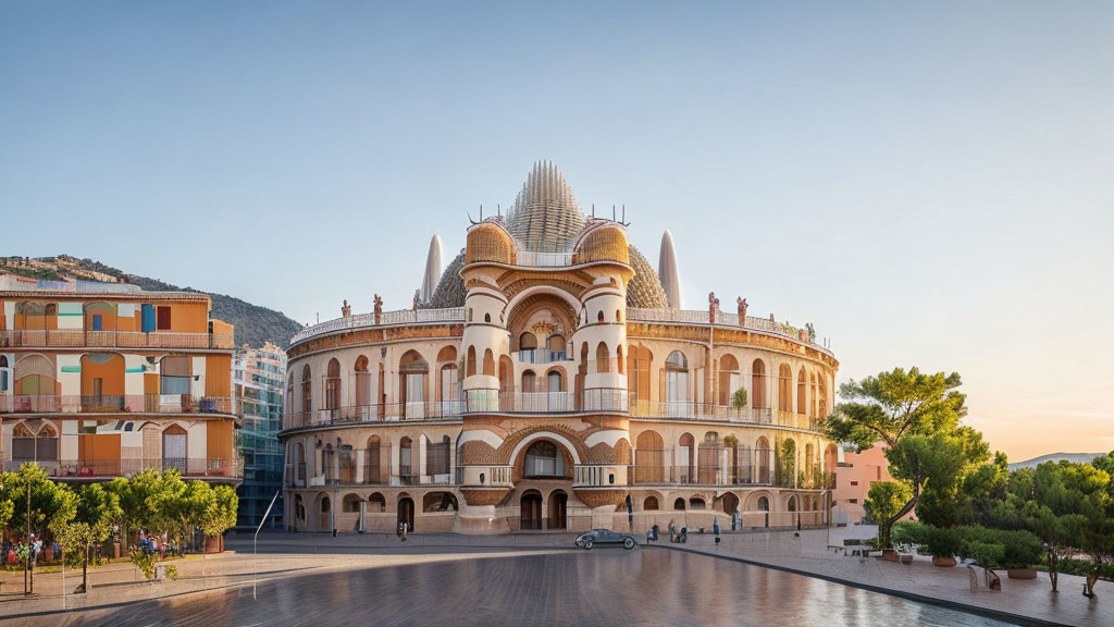 Majestic building with arches and domes at sunset surrounded by trees and modern structures