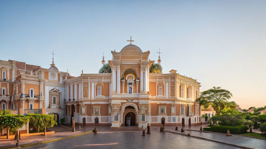 Ornate pink and white church with twin bell towers and central dome under clear blue sky