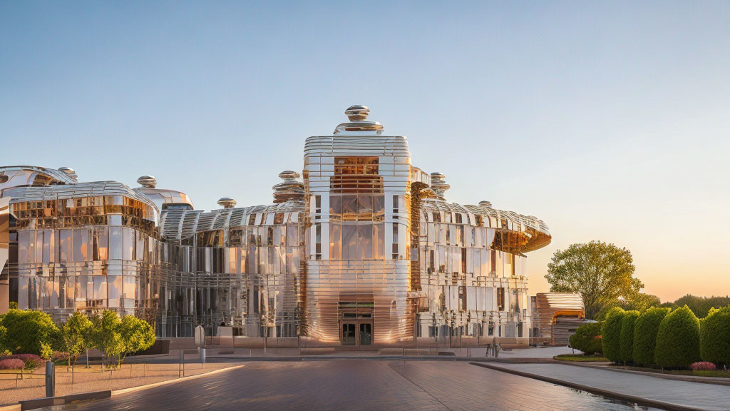 Glass building with cylindrical structures and metal frameworks in twilight setting.