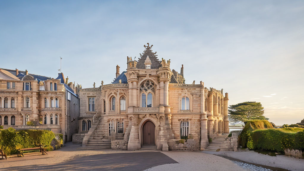 Elaborate Sandstone Mansion with Carvings and Pastel Sky