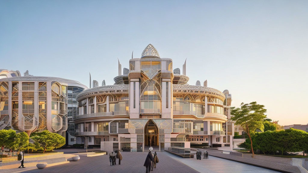 Architectural masterpiece with arched facades and ornate details at sunset.