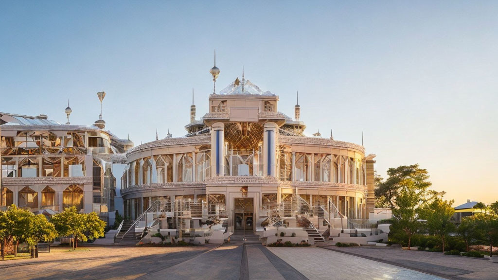 Ornate building with white facades and intricate detailing among modern structures at dusk