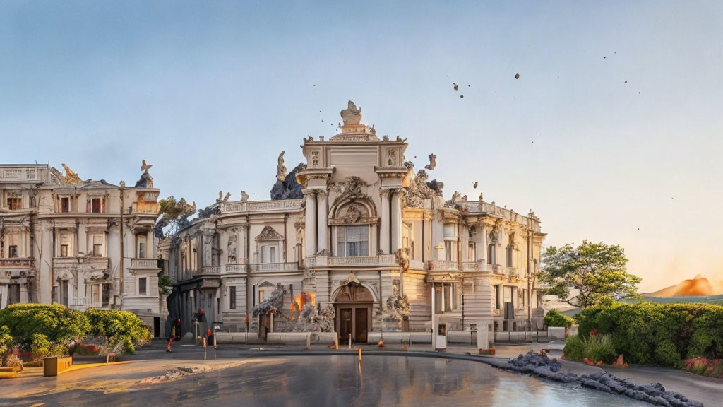 Baroque-style building facade with sculptures at dusk