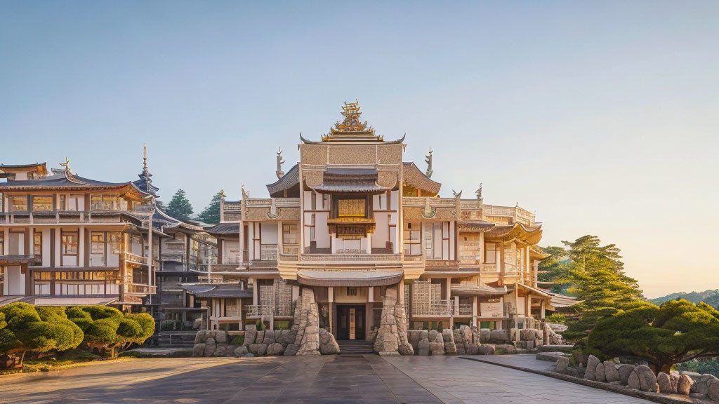 Asian-style building with multi-tiered roofs and golden accents in serene natural setting