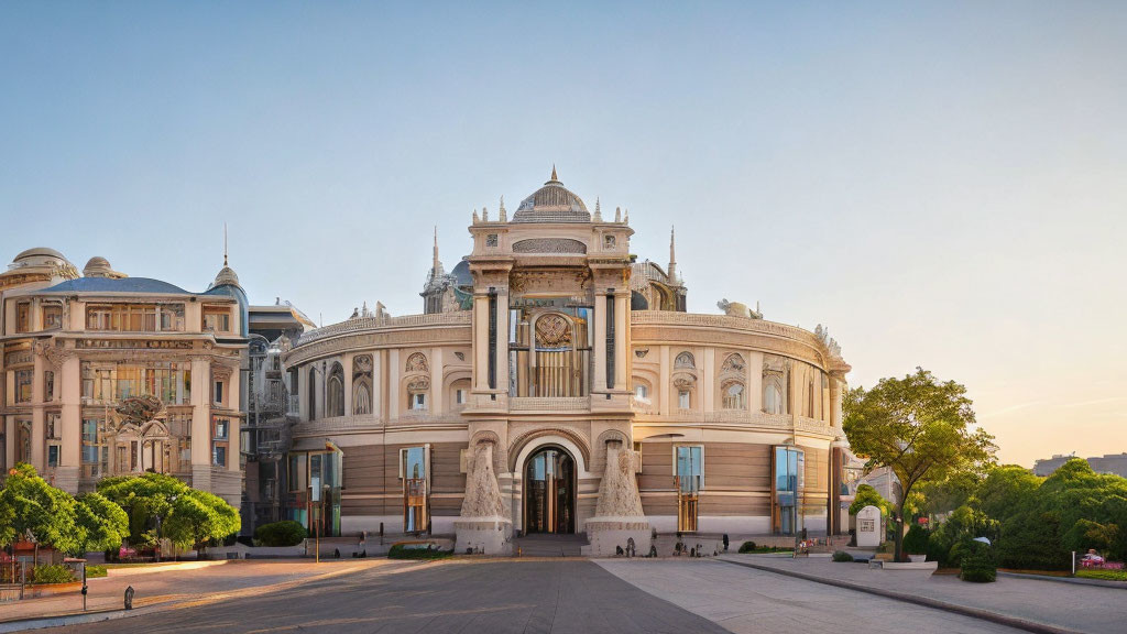 Neoclassical building with grand clock tower and symmetrical wings against clear dusk sky