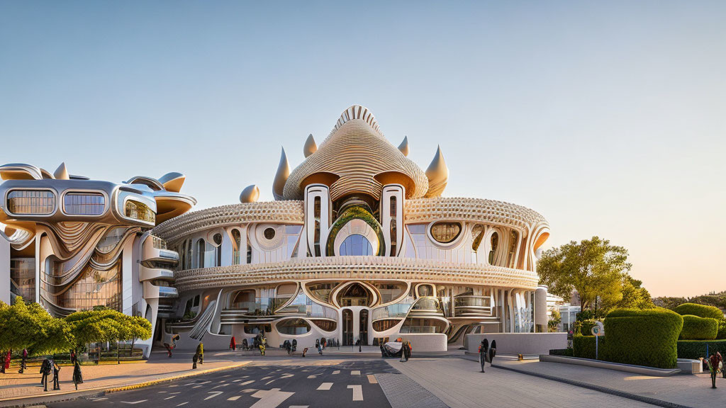 Unique wavy design architectural building with round windows against clear sky