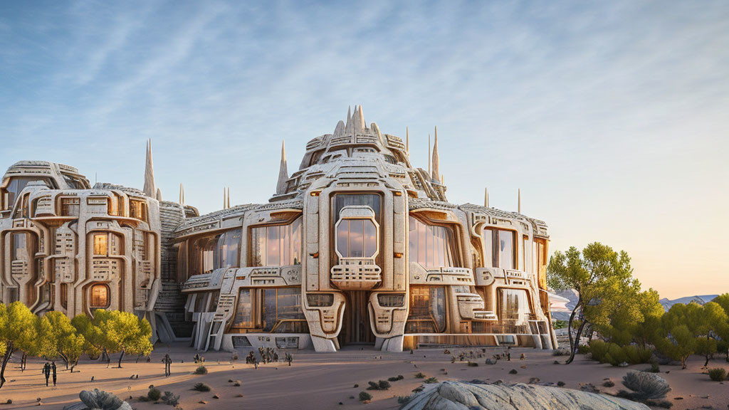 Intricate futuristic buildings in desert landscape with clear sky