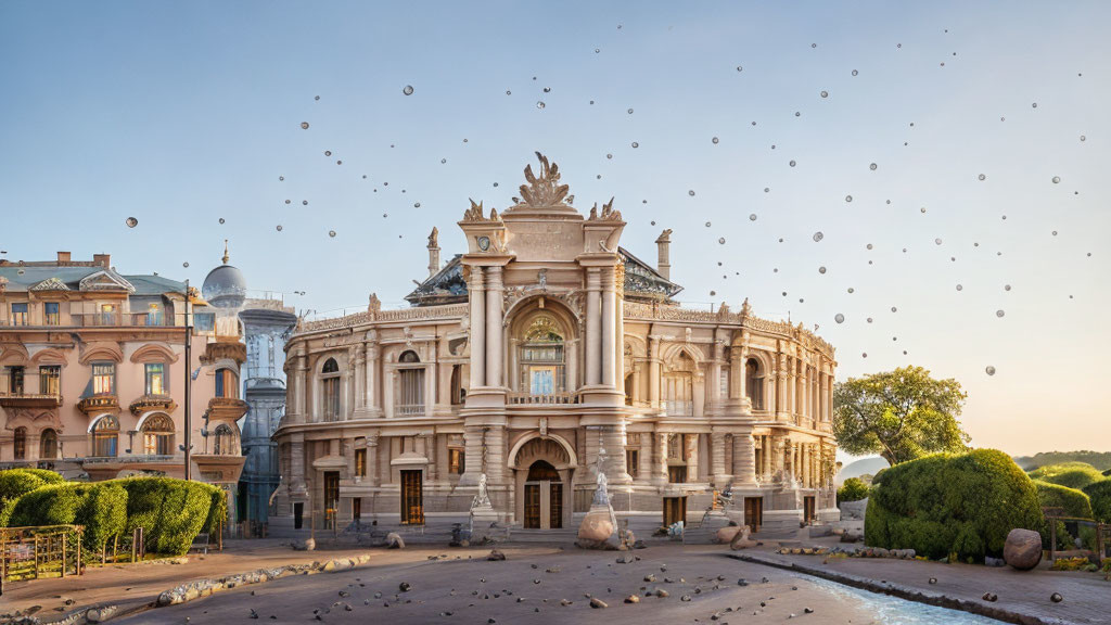 Historical building with intricate façade and floating spherical stones under clear blue sky