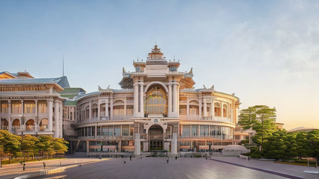 Ornate classical building with large columns and elaborate window frames at sunset