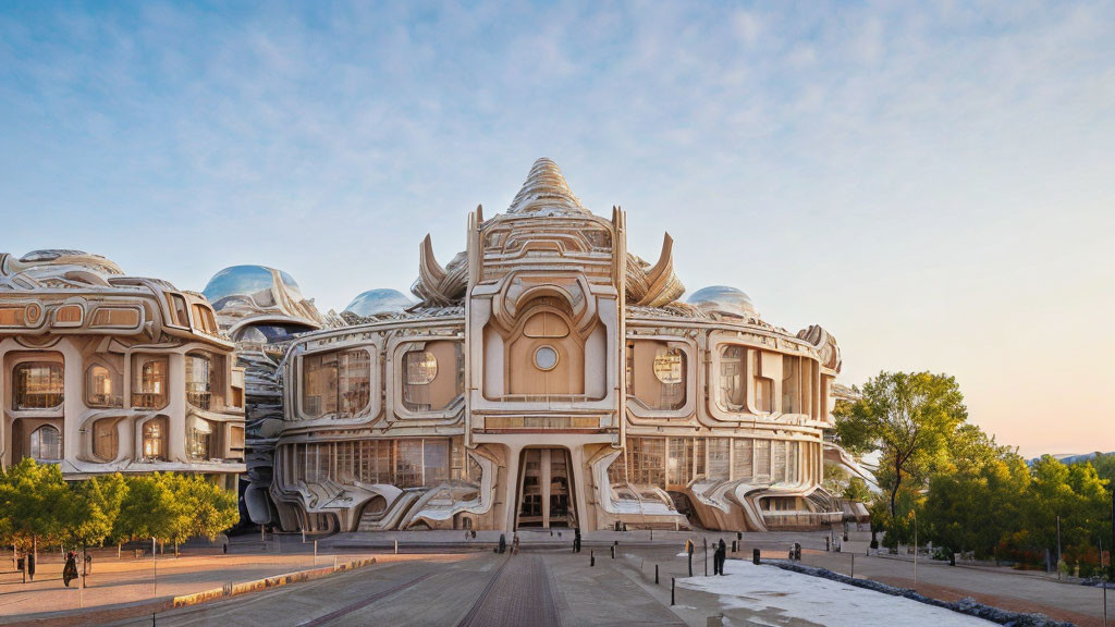 Modern building with dome-like structures and face-like entrance under clear dusk sky