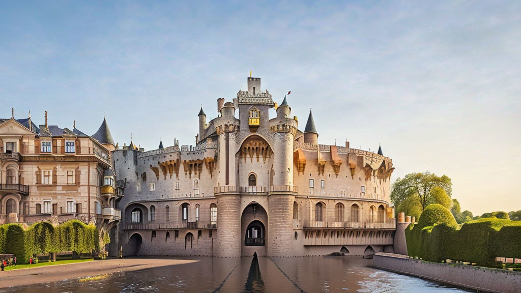 Medieval castle with arched gateway, conical towers, and moat.