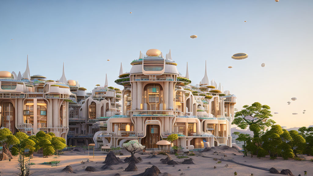 Domed buildings in desert city with floating airships