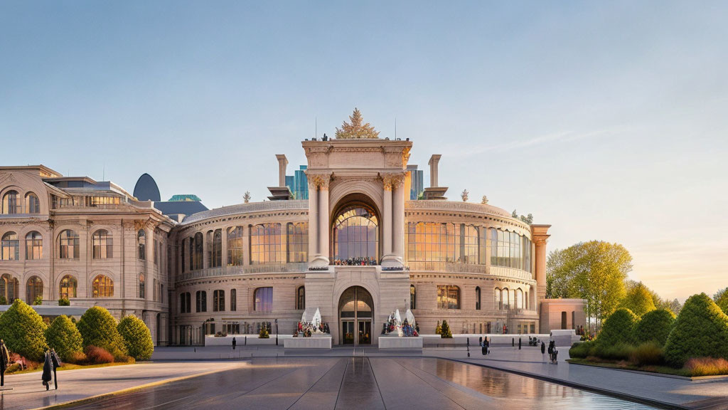 Grand building facade featuring rotunda, arched windows, statues, and people strolling.