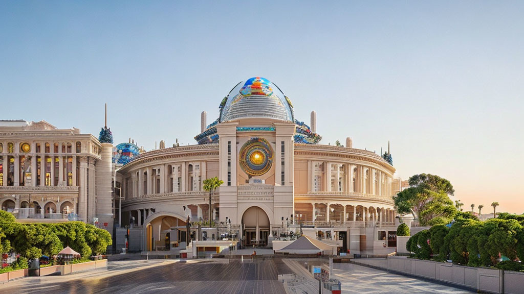 Colorful art adorns dome of elegant building under clear sky with clock and classical architecture.