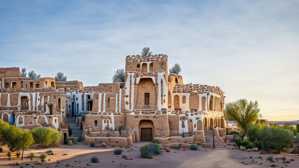 Adobe buildings with unique architecture in desert landscape