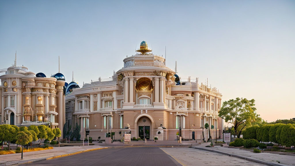 Neoclassical building with golden dome and intricate details