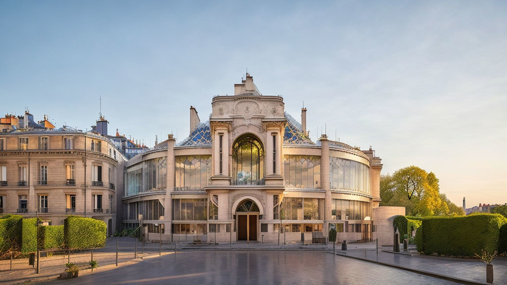 Classical building with curved glass facade and intricate detailing in urban setting