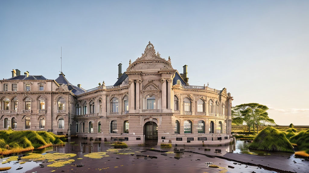 Grand Classical Mansion Surrounded by Water and Lily Pads at Dusk