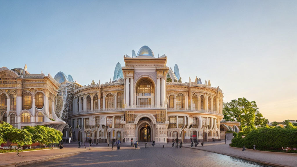 Neoclassical building with arches and domes in soft sunlight