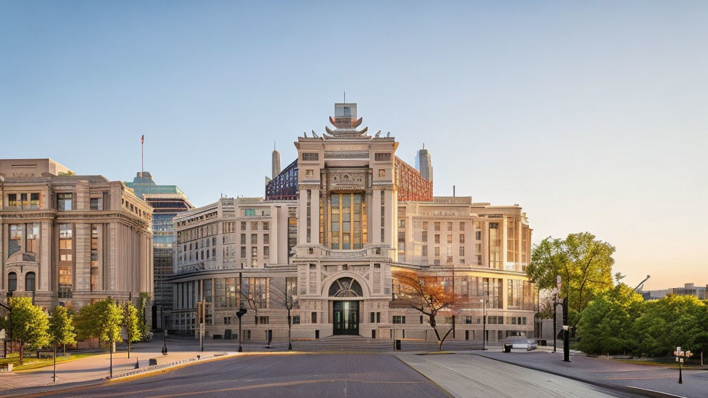 Neoclassical Building at Dawn with Pediment & Columns