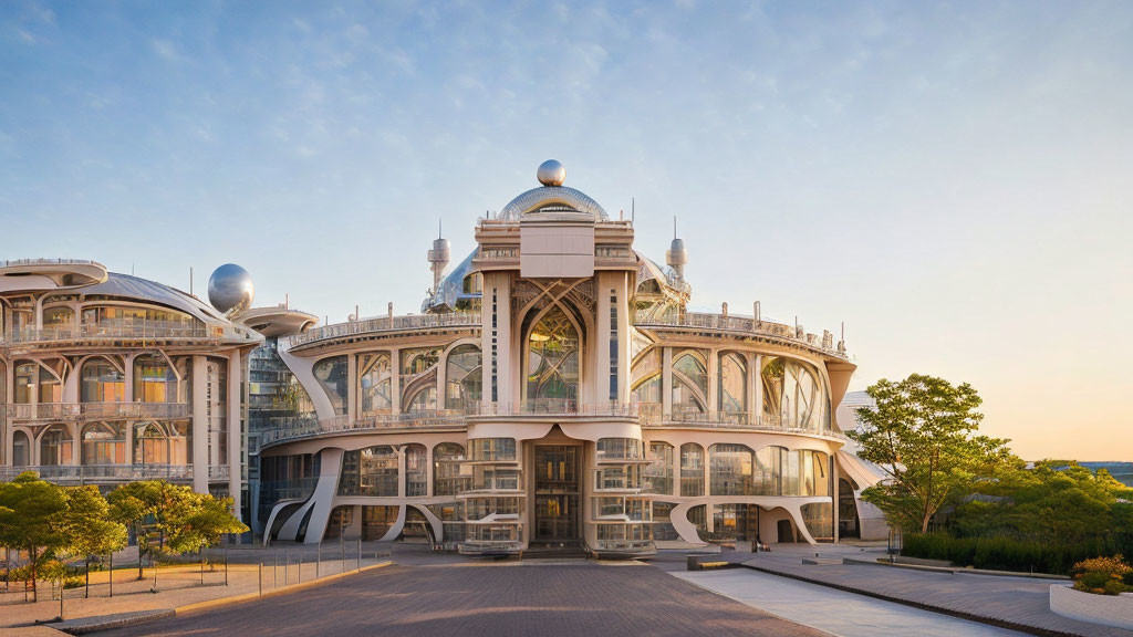 Spherical futuristic building with ornate design in warm sunlight