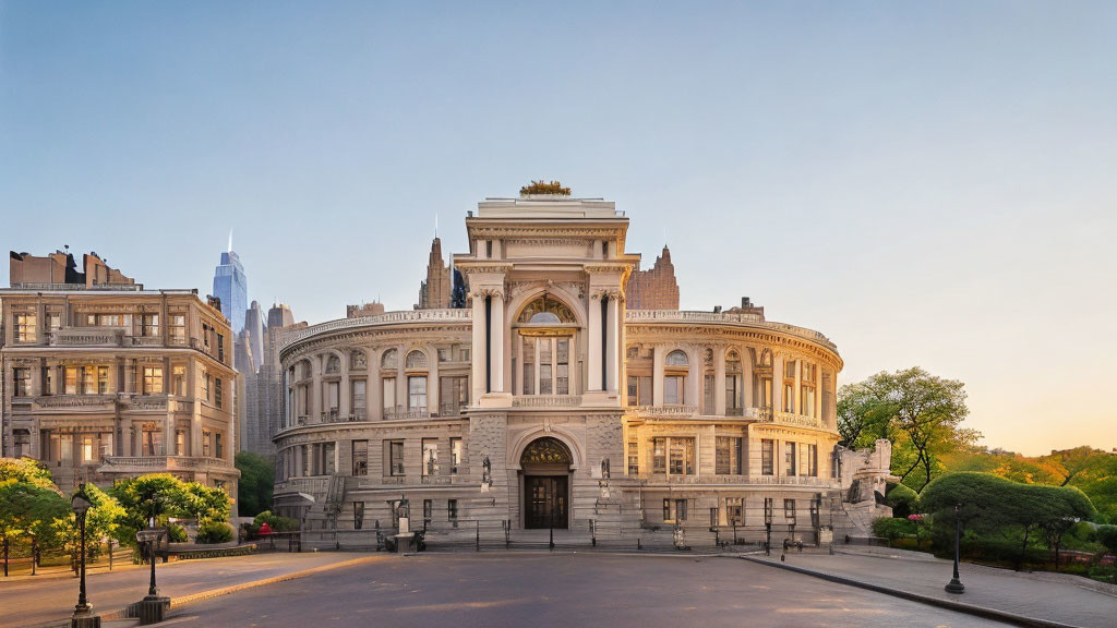 Ornate classical building with grand steps and older structures under clear sky