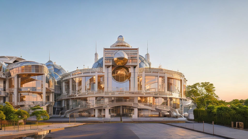 Futuristic glass and metal architecture with large spherical center element at sunset