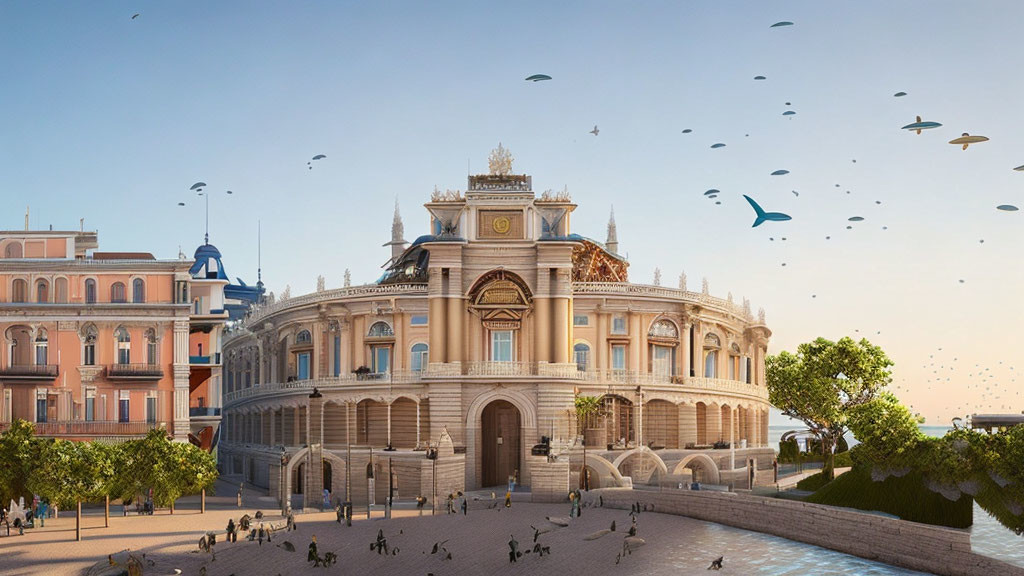 Grand Classical Building with Staircase and Fountain in Busy Square at Sunset