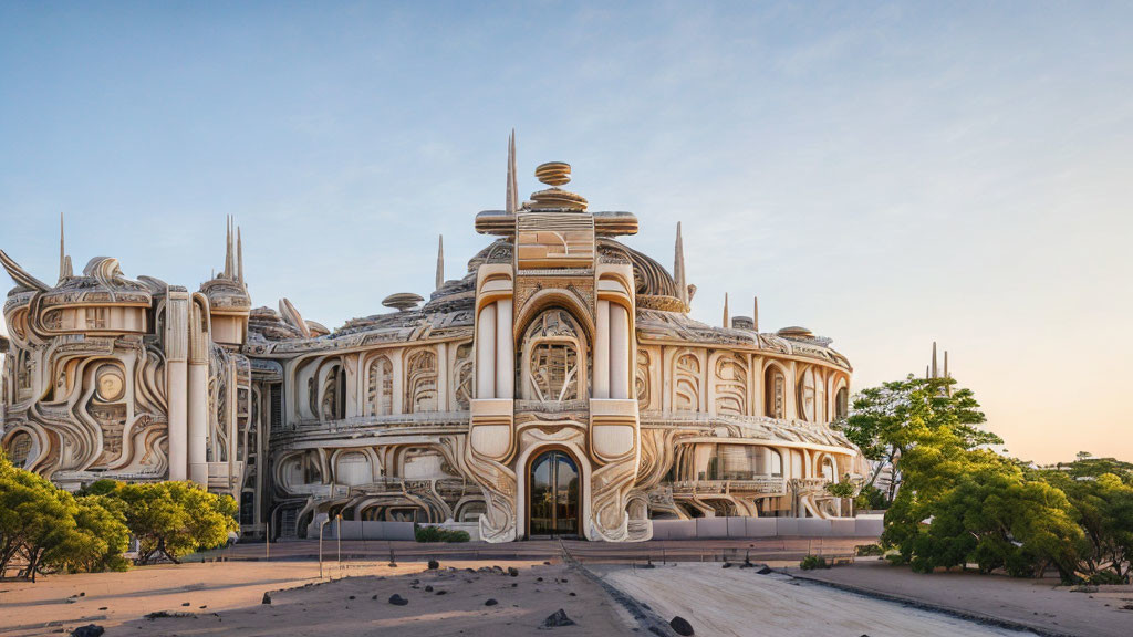 Intricate futuristic building in desert landscape