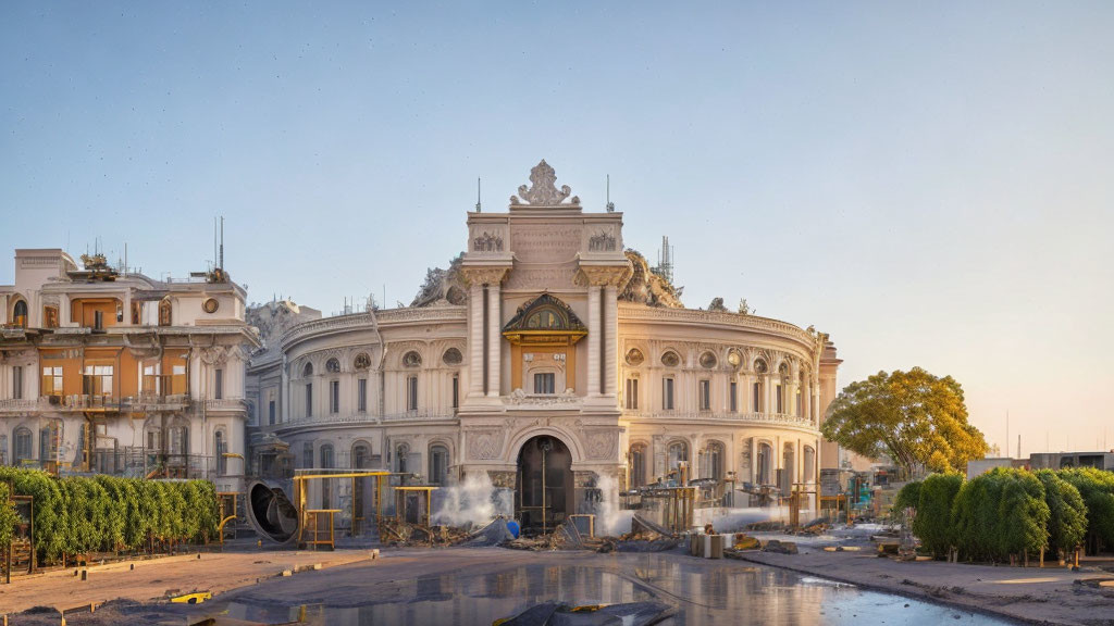 White ornate historic building with decorative facade amidst road construction and water sprays under clear sky.