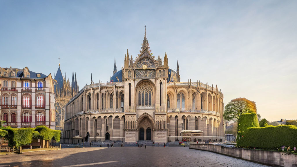 Ornate Gothic Cathedral with Rose Window and Flying Buttresses