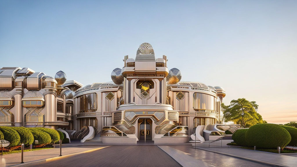 Art Deco-inspired futuristic building with metallic and white finishes in manicured gardens.