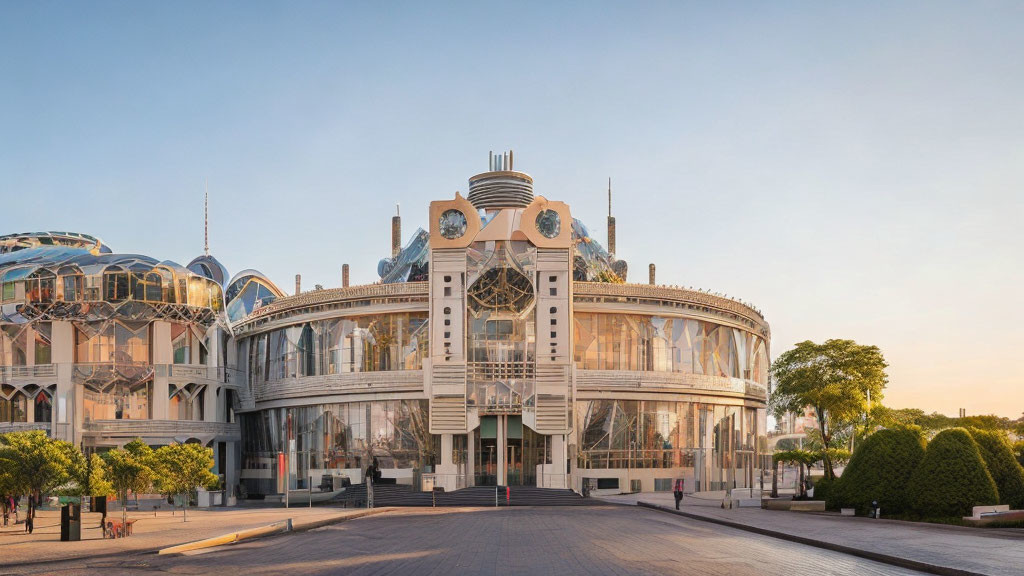 Contemporary building with glass domes and face-like structure under sunset sky.