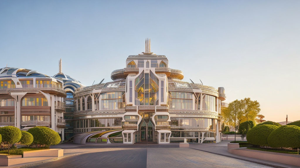 Elaborate modern futuristic building with curved metallic structures and large glass panels at dusk