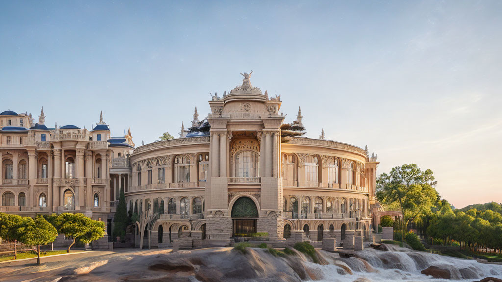 Neoclassical building with ornate decorations and arches in lush sunset setting