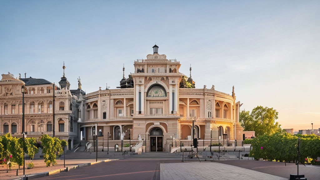 Neoclassical Opera House with Elaborate Sculptures and Arched Windows at Sunset