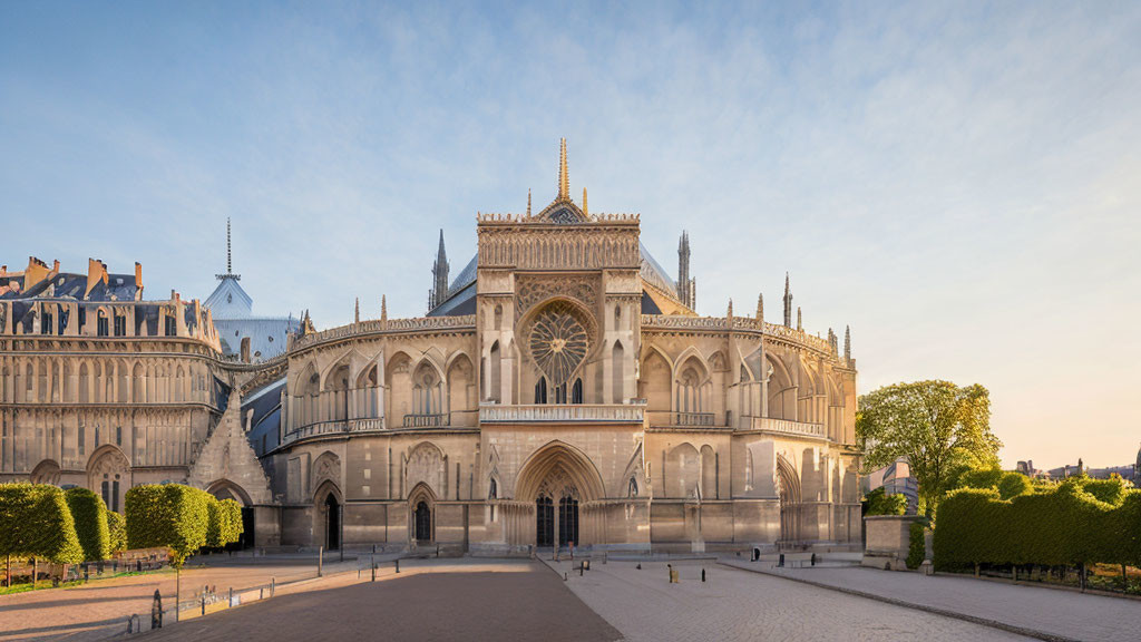 Grand Gothic Cathedral with Rose Window and Spires in Golden Hour