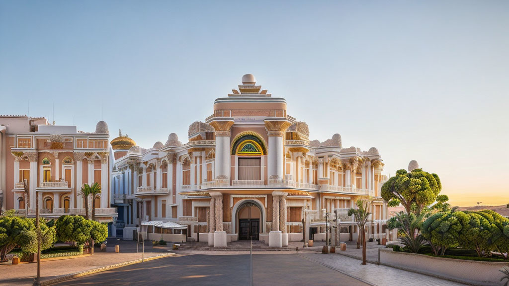 Ornate domed building at sunrise on quiet street