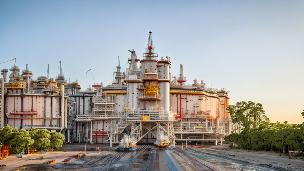 Industrial facility with towering structures and pipes against clear dusk sky.