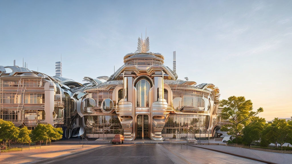 Modern metallic building in nature setting at dawn or dusk