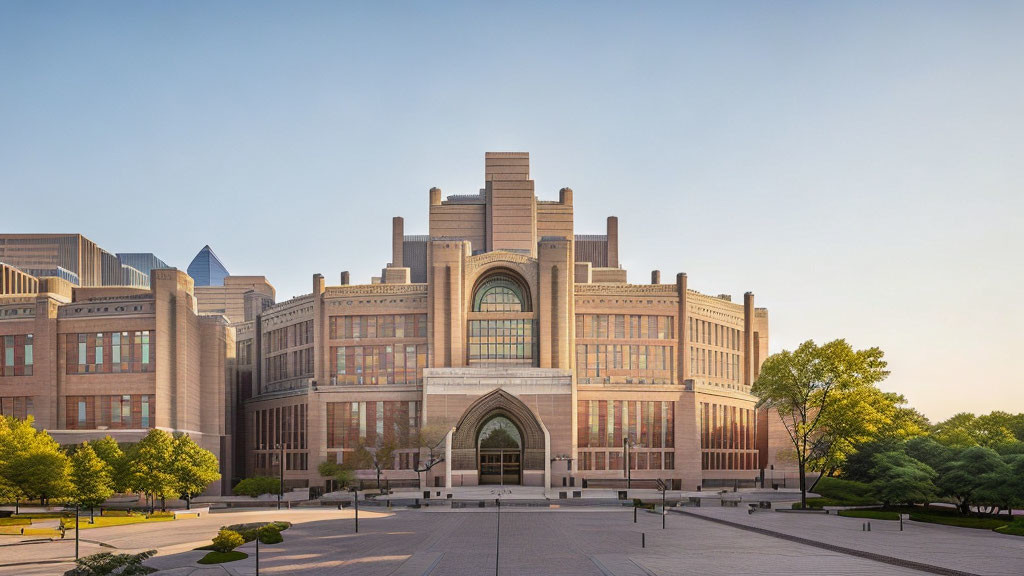 Classic Architectural Building with Arched Entrance and Symmetrical Wings