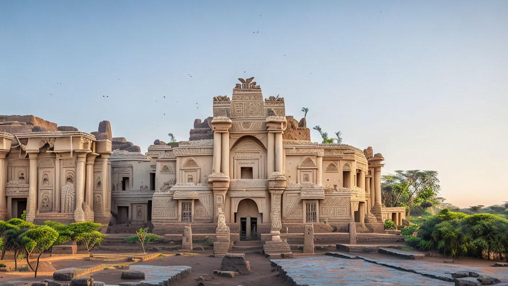 Ancient sandstone temple at sunrise with intricate carvings amid trees and flying birds