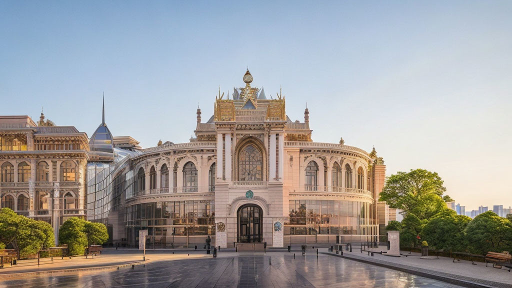 Stunning building with arched windows and ornate facade in a clear sky setting