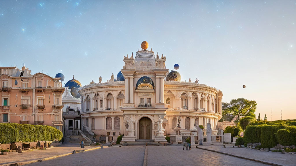 Ornate Building with Domes and Grand Entrance at Twilight