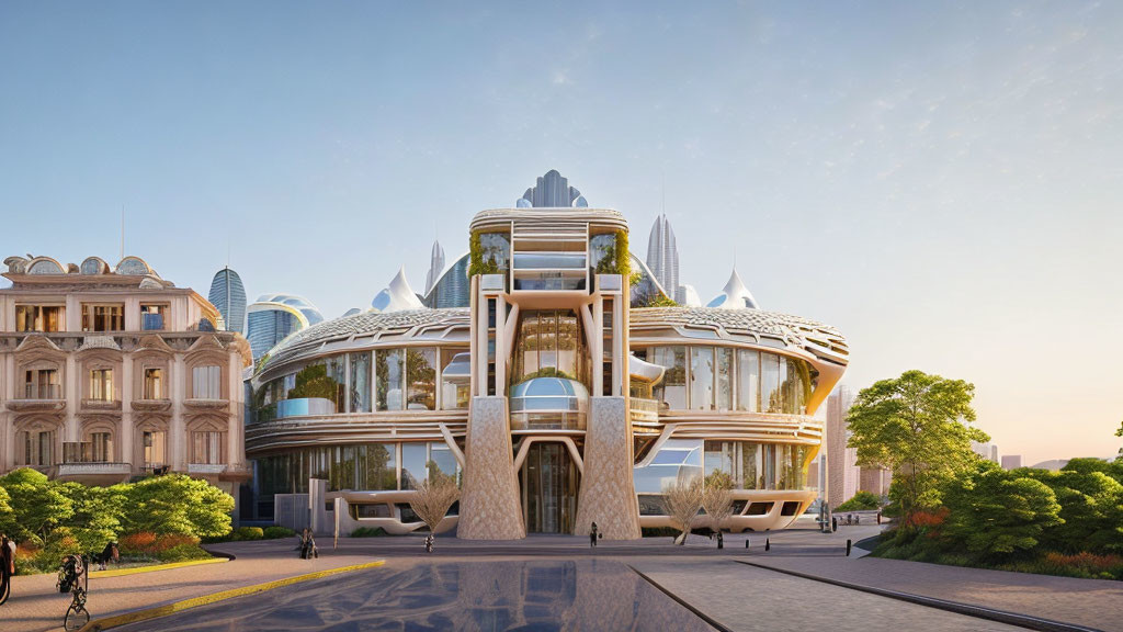 White Curved Glass Building with Central Elevator Among Classic Architecture