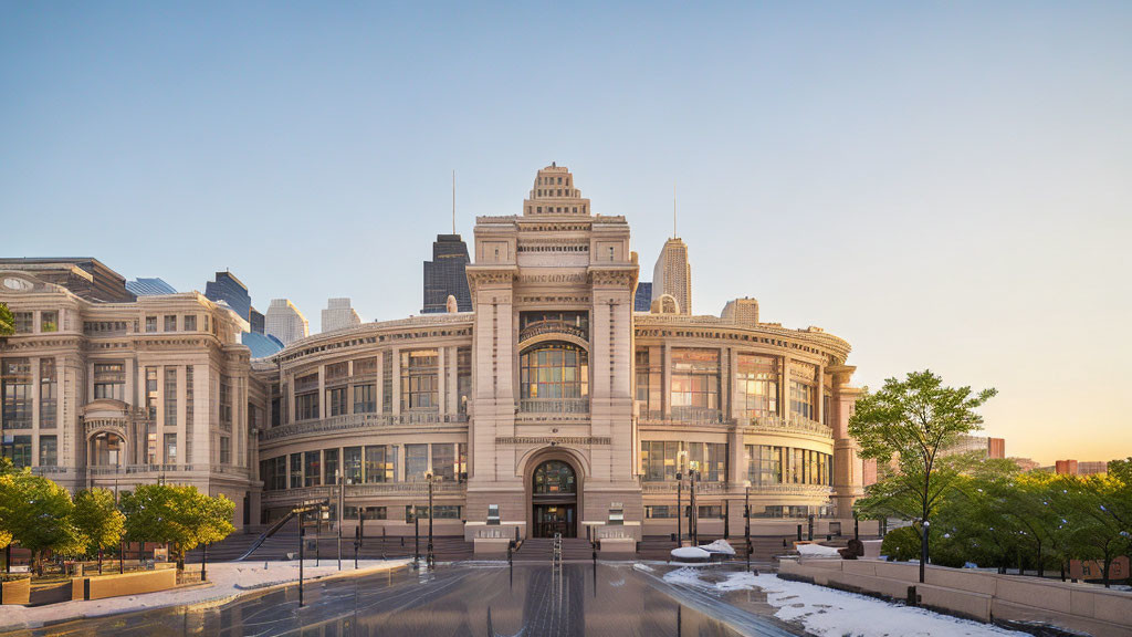 Historic building with central dome and intricate detailing under warm sunlight