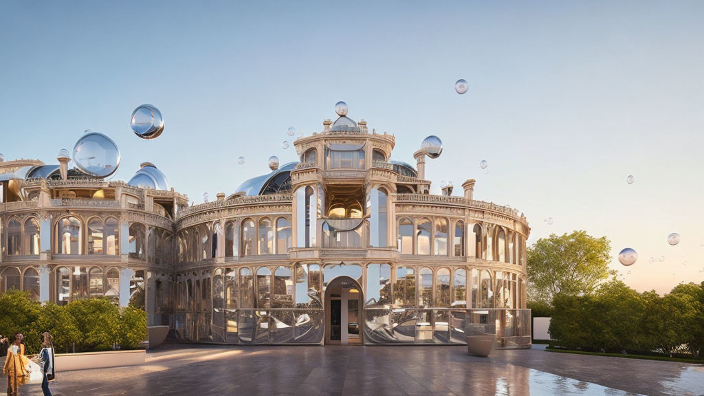 Classical-style building with modern twist surrounded by bubbles and people on sunny day