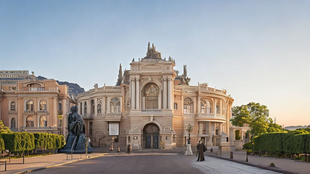 Neoclassical Building with Statues and Trees under Clear Blue Sky