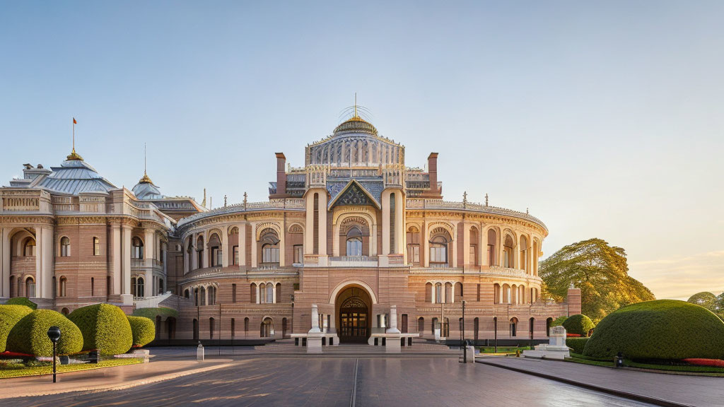 Historical building with arched entrance, ornate façade, dome, and sunlight.