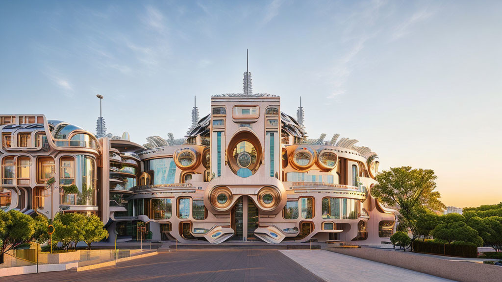 Futuristic building with circular windows and bronze façades at dusk